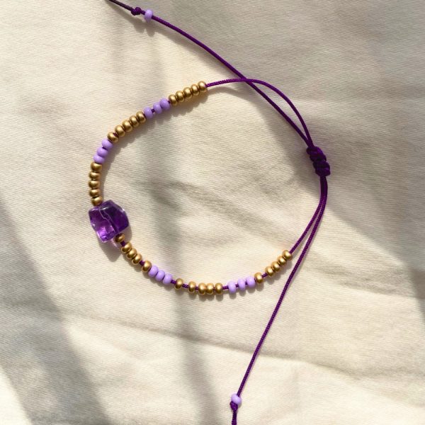 Amethyst Gold Beaded Bracelet Adjustable Silk Seed Bead bracelet - Image 4