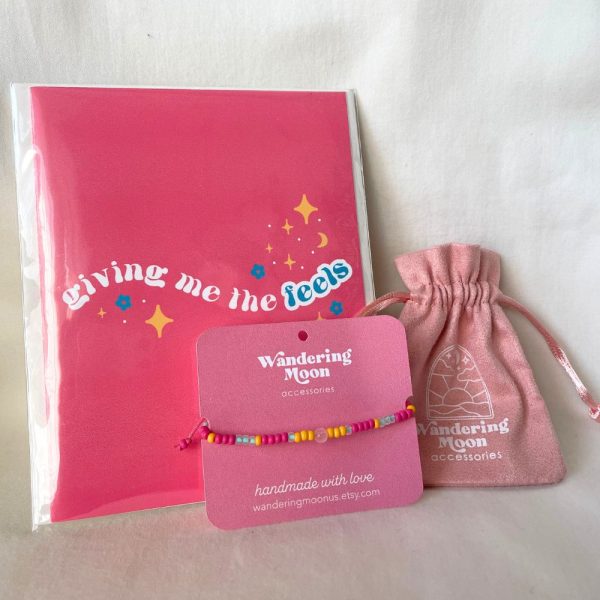 Pink and Yellow Seed Bead Bracelet and Jewelry Gift Set Give me the feels card | Wandering Moon